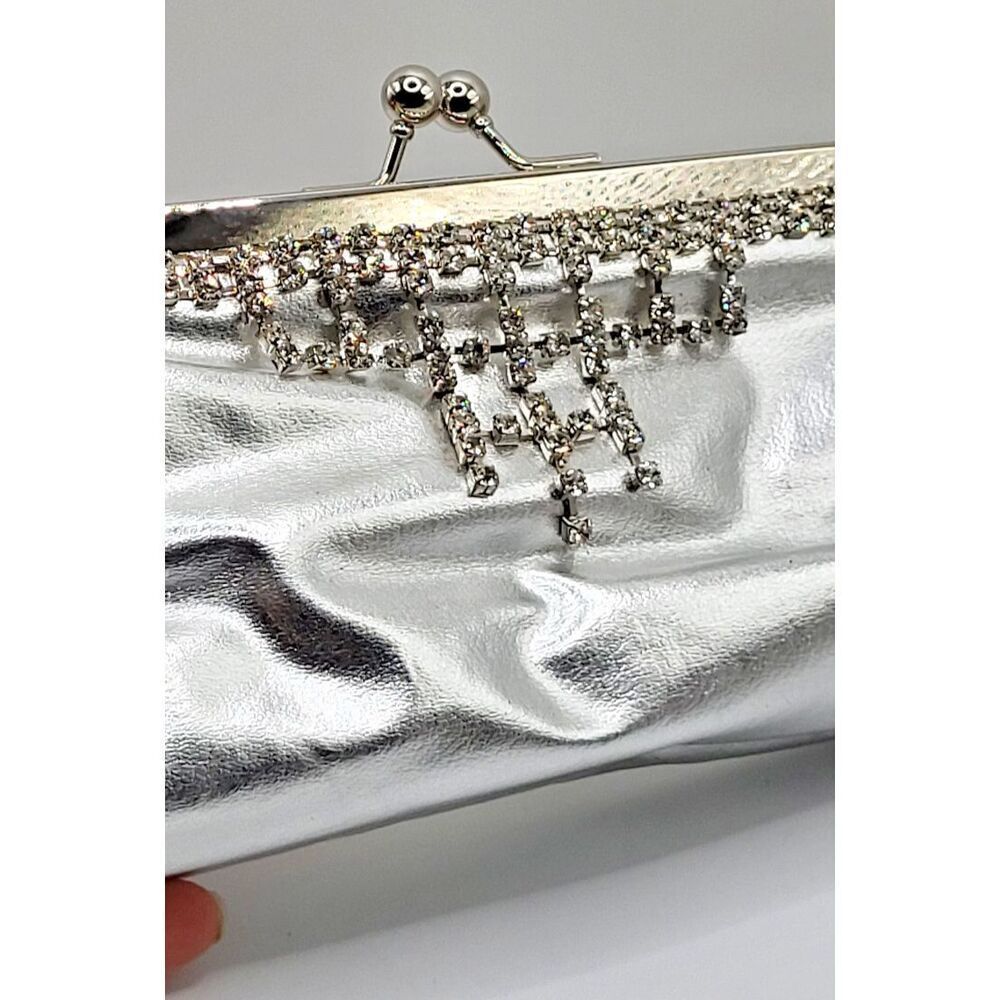 Vintage 90s Silver Vegan Leather Rhinestone Formal Clutch 10in wide